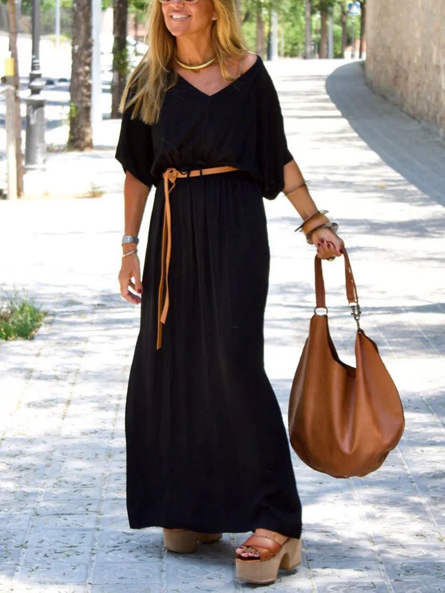 Fashionable Simple V-Neck Short Sleeve Maxi Dress