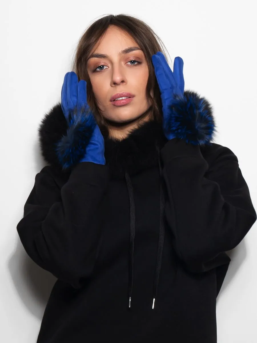 Gloves with PomPon in Blue Fox
