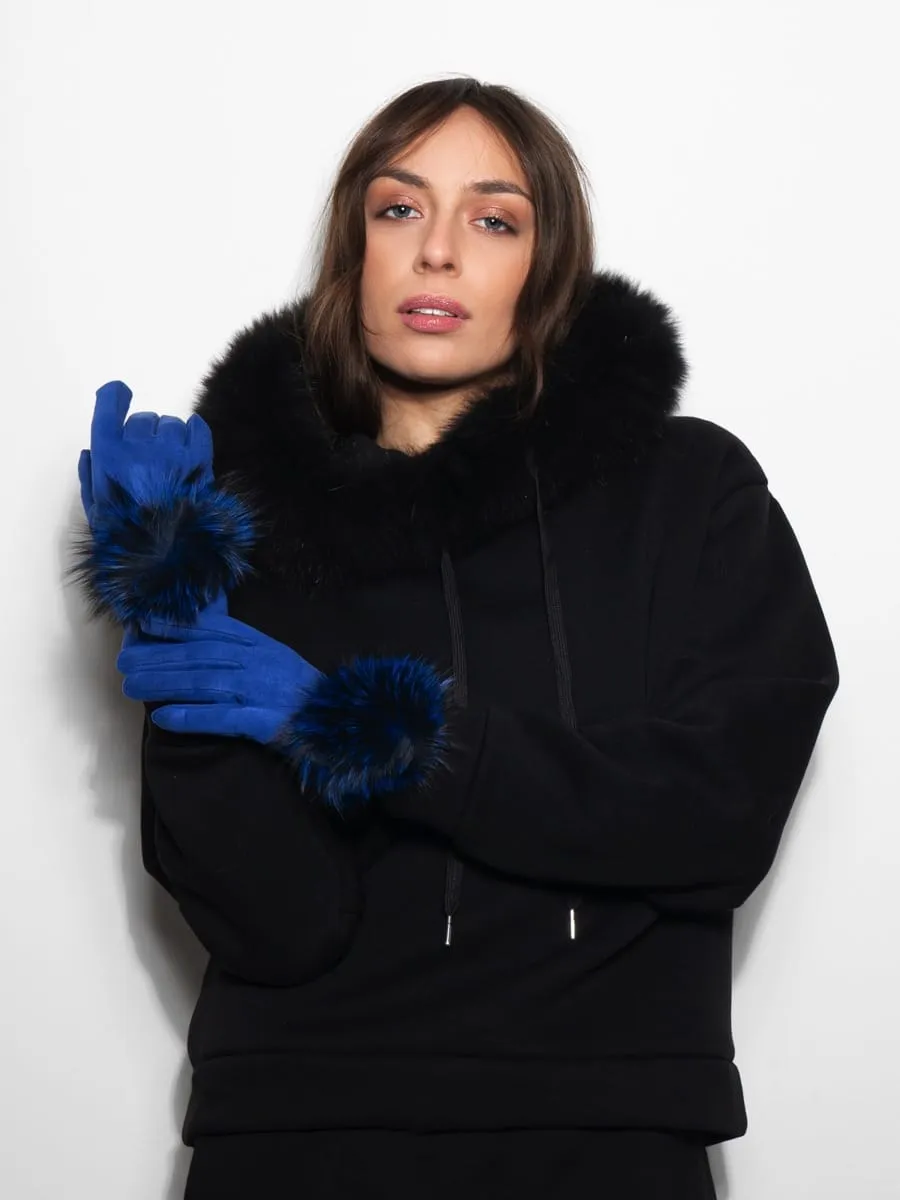Gloves with PomPon in Blue Fox