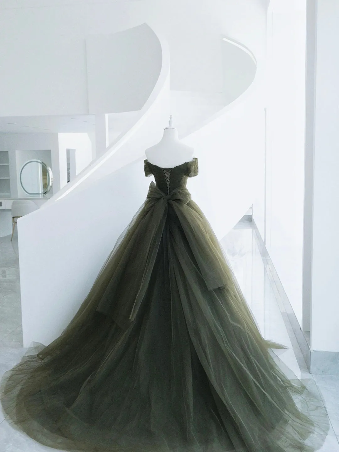Green Tulle Long Prom Dress A-Line Off Shoulder Evening Dress