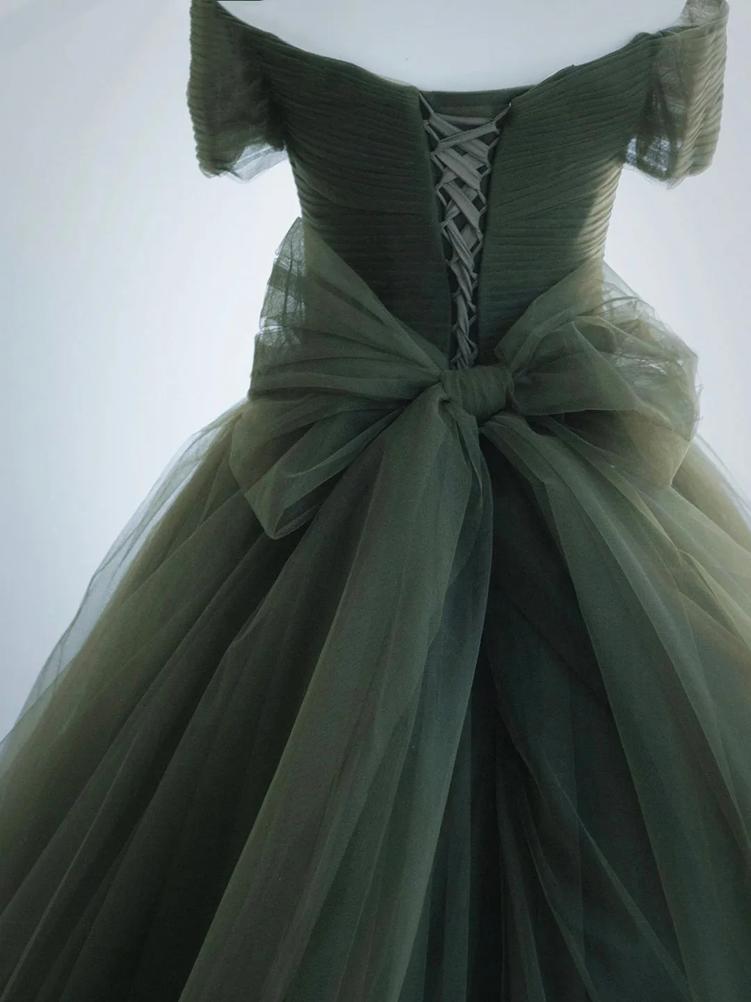 Green Tulle Long Prom Dress A-Line Off Shoulder Evening Dress
