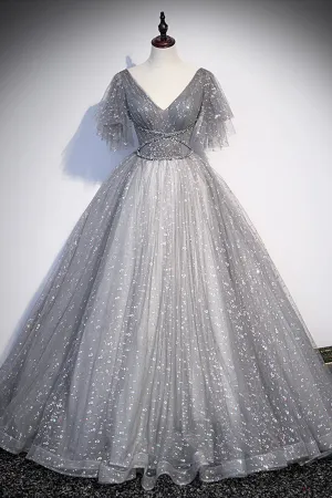 Grey V-Neck Tulle Long Prom Dresses A-Line Evening Dresses