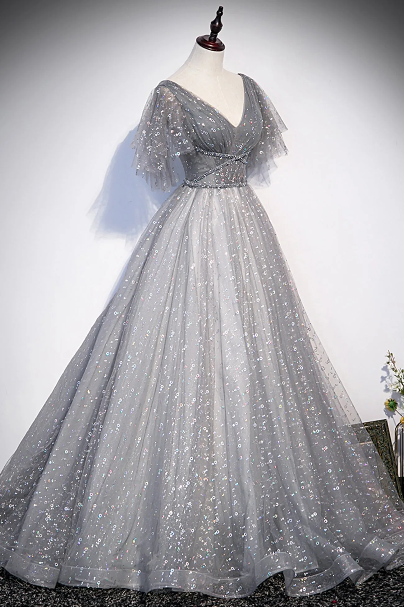 Grey V-Neck Tulle Long Prom Dresses A-Line Evening Dresses