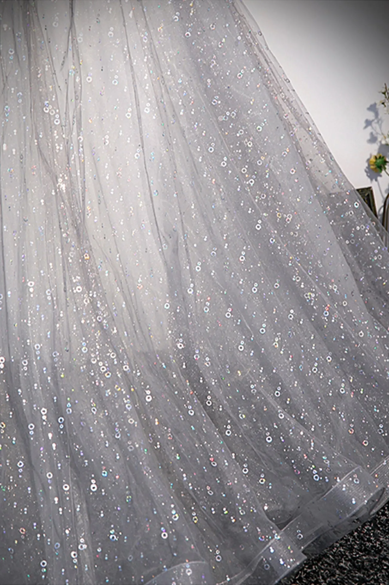 Grey V-Neck Tulle Long Prom Dresses A-Line Evening Dresses