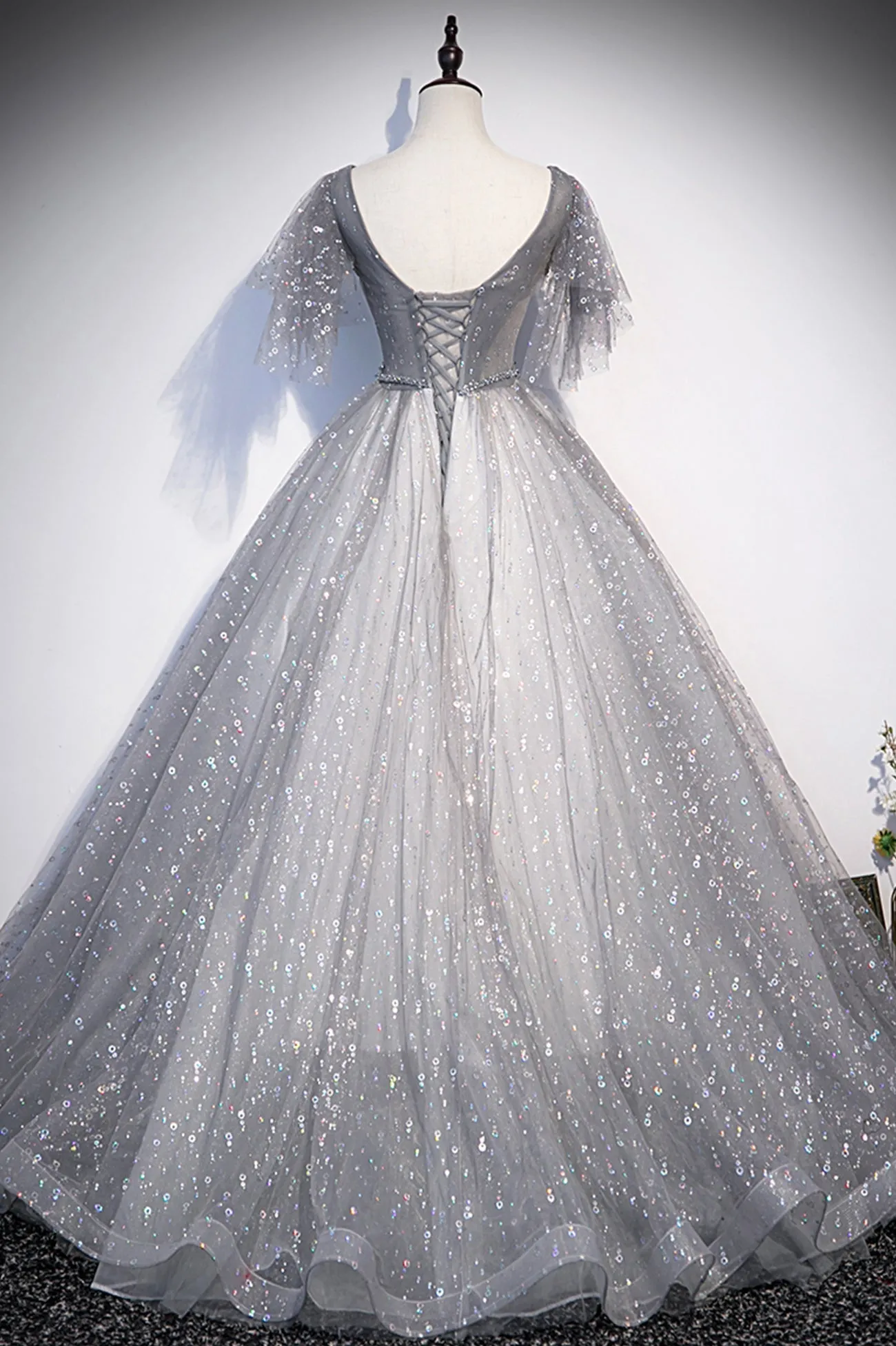 Grey V-Neck Tulle Long Prom Dresses A-Line Evening Dresses