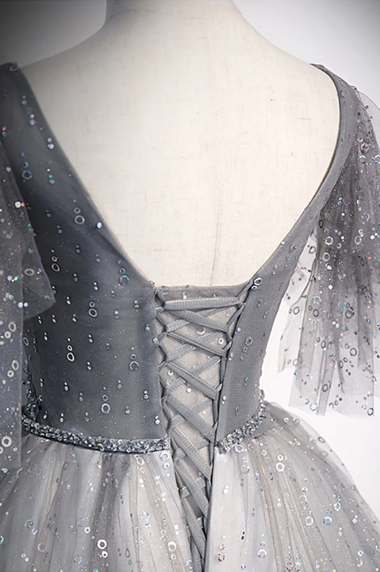 Grey V-Neck Tulle Long Prom Dresses A-Line Evening Dresses