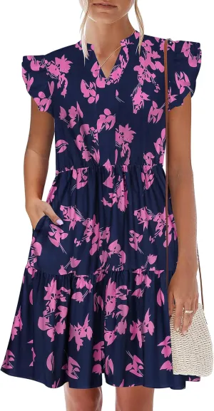 HOTOUCH Women Floral Printed Dress Ruffle Sleeve Tiered Mini Dress