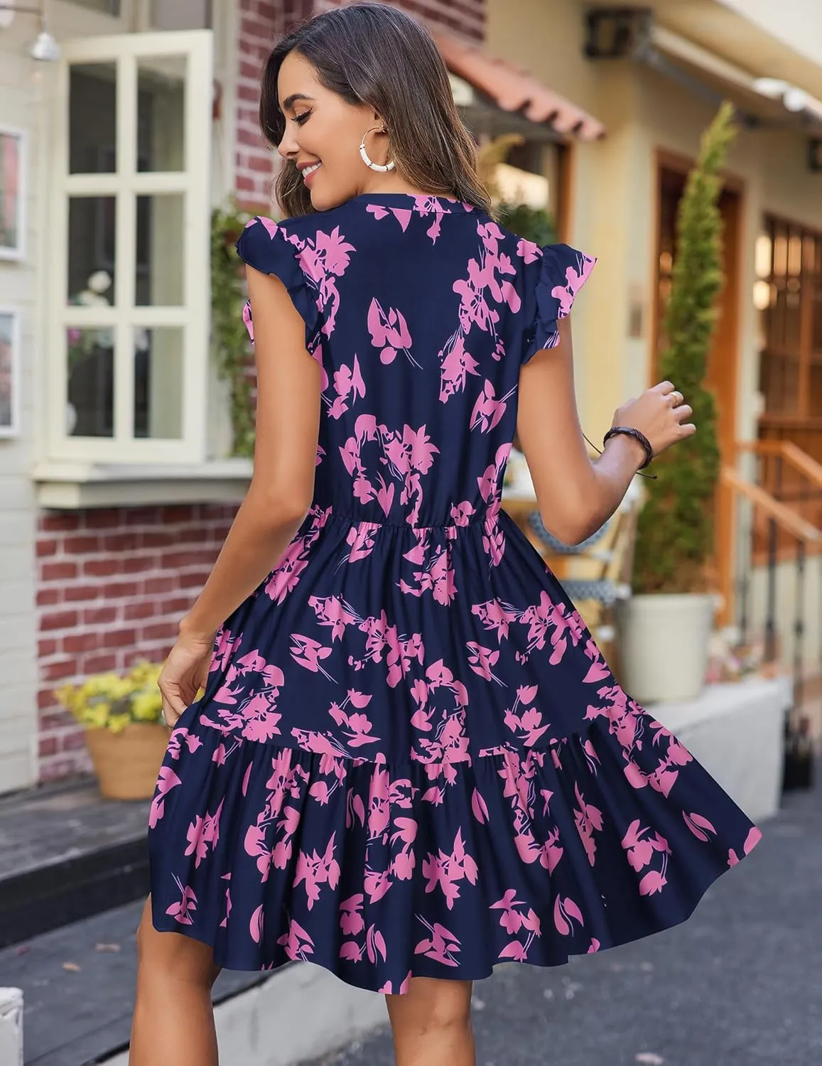 HOTOUCH Women Floral Printed Dress Ruffle Sleeve Tiered Mini Dress