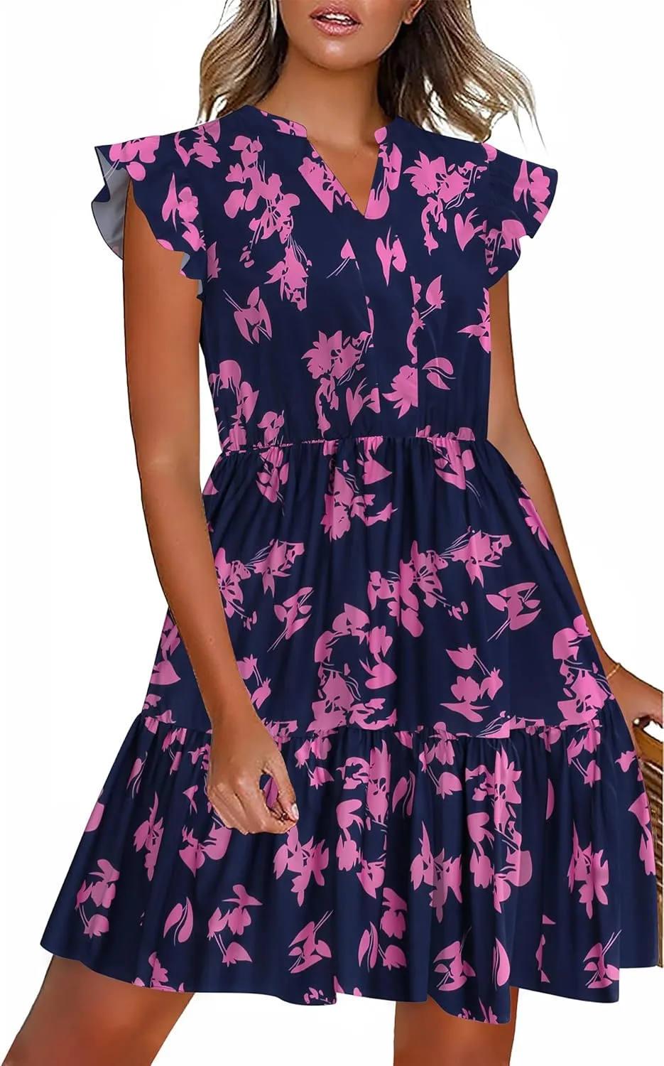 HOTOUCH Women Floral Printed Dress Ruffle Sleeve Tiered Mini Dress