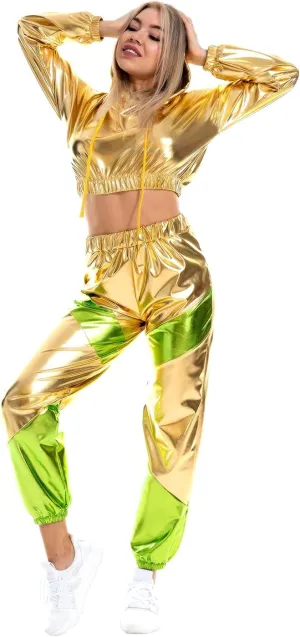 IMEKIS Women's Rave Outfit Shiny Crop Top Hoodie Metallic Casual Long Pants Hooded Workout Sweatshirt Disco Dance Clubwear