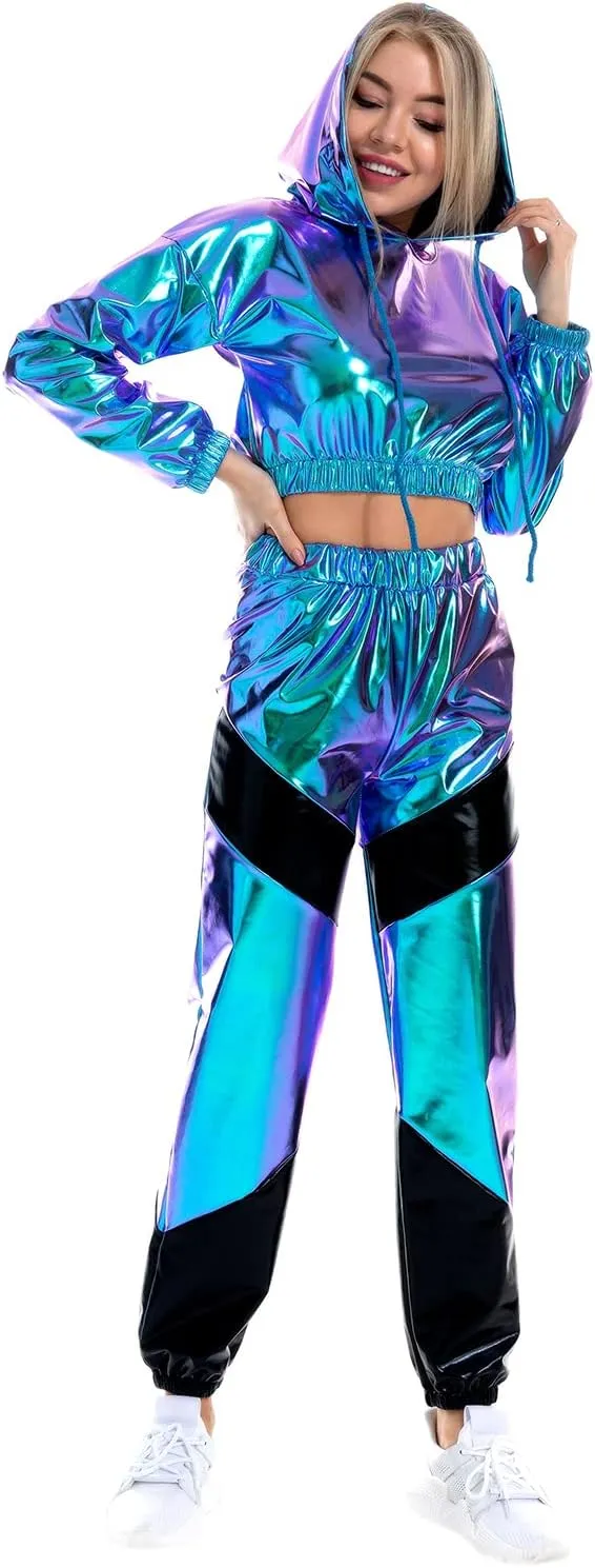 IMEKIS Women's Rave Outfit Shiny Crop Top Hoodie Metallic Casual Long Pants Hooded Workout Sweatshirt Disco Dance Clubwear
