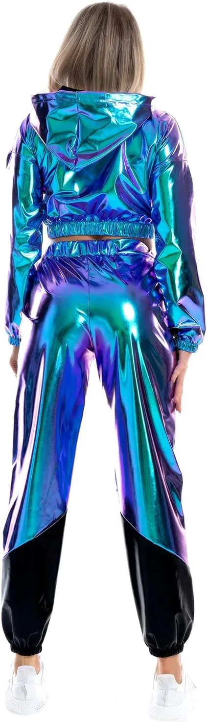 IMEKIS Women's Rave Outfit Shiny Crop Top Hoodie Metallic Casual Long Pants Hooded Workout Sweatshirt Disco Dance Clubwear