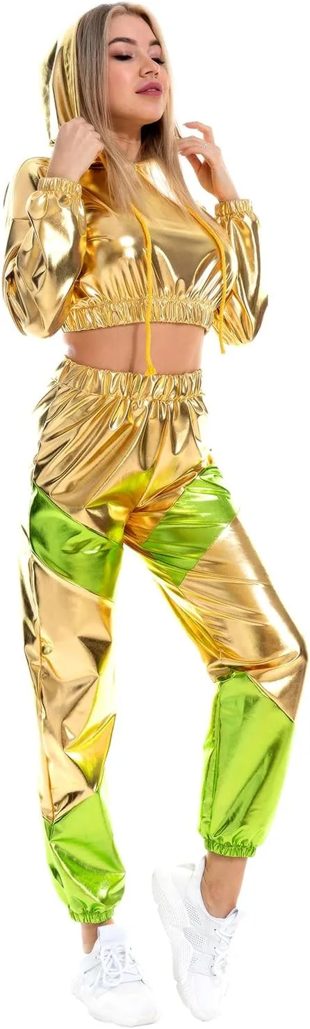 IMEKIS Women's Rave Outfit Shiny Crop Top Hoodie Metallic Casual Long Pants Hooded Workout Sweatshirt Disco Dance Clubwear