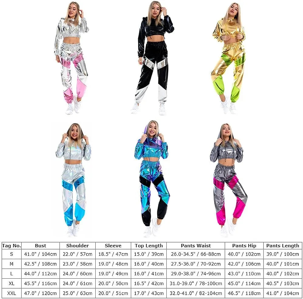 IMEKIS Women's Rave Outfit Shiny Crop Top Hoodie Metallic Casual Long Pants Hooded Workout Sweatshirt Disco Dance Clubwear