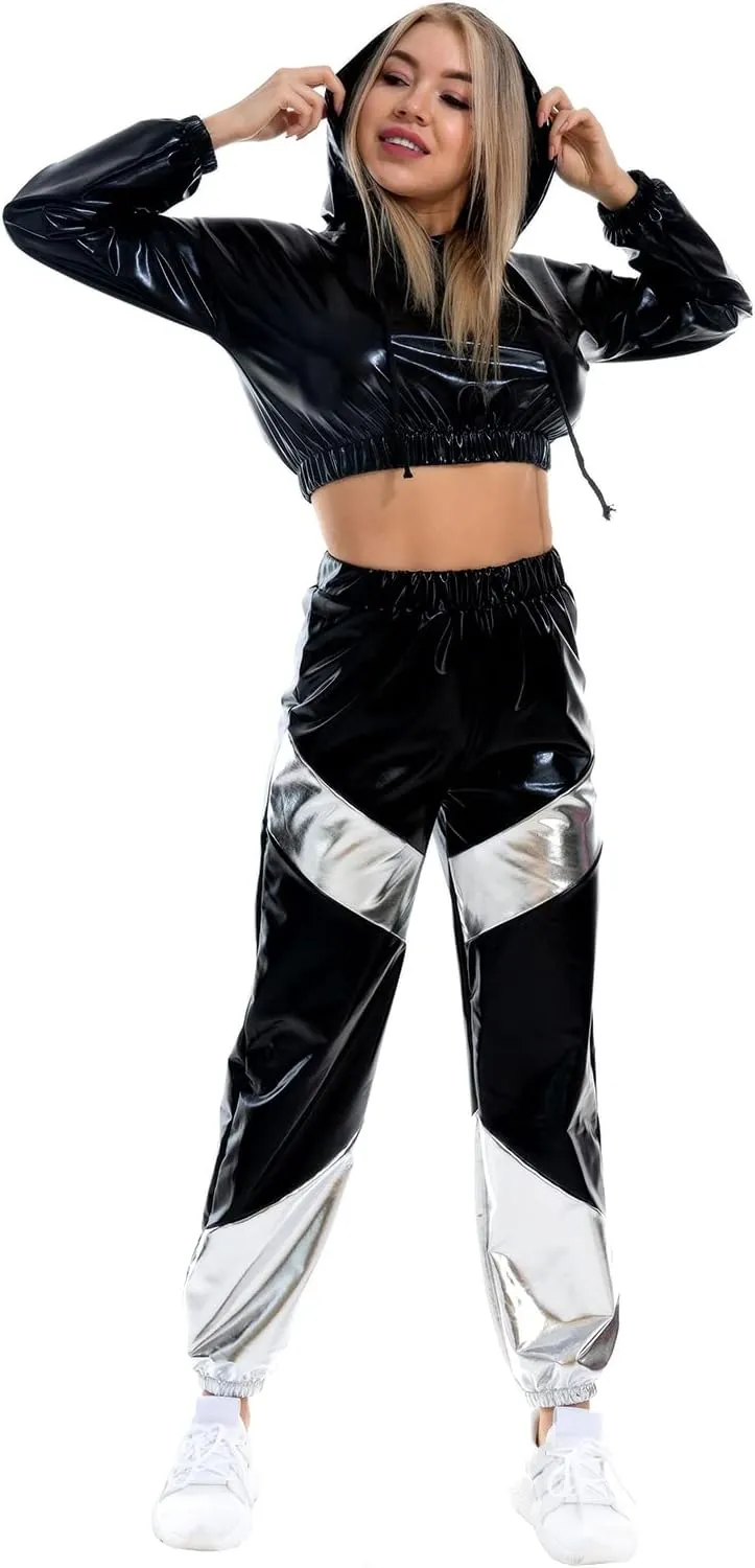 IMEKIS Women's Rave Outfit Shiny Crop Top Hoodie Metallic Casual Long Pants Hooded Workout Sweatshirt Disco Dance Clubwear