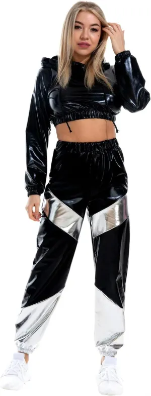 IMEKIS Women's Rave Outfit Shiny Crop Top Hoodie Metallic Casual Long Pants Hooded Workout Sweatshirt Disco Dance Clubwear