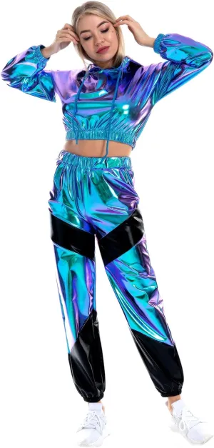 IMEKIS Women's Rave Outfit Shiny Crop Top Hoodie Metallic Casual Long Pants Hooded Workout Sweatshirt Disco Dance Clubwear