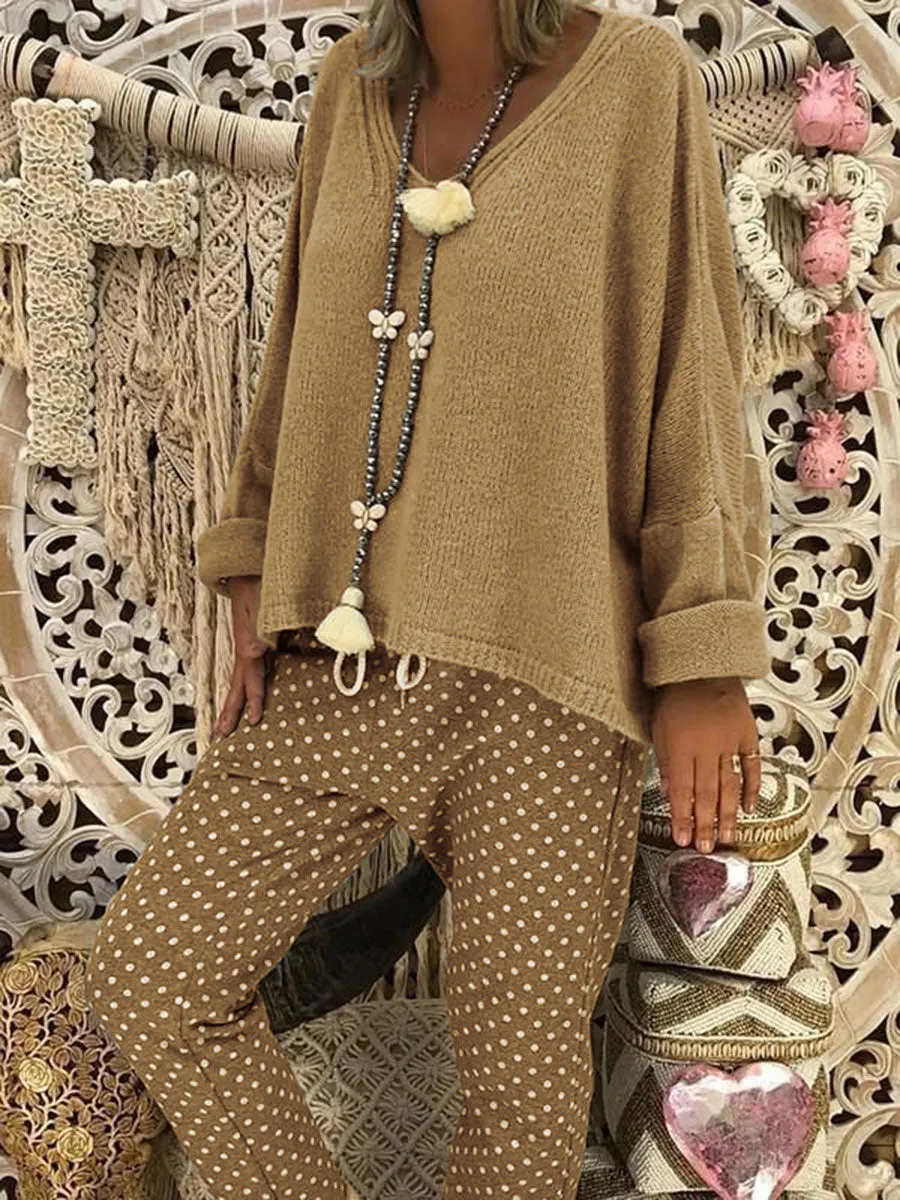 Knitted Loose Top Polka Dot Trousers Women's Set