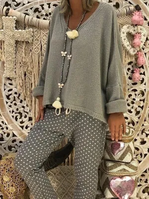 Knitted Loose Top Polka Dot Trousers Women's Set