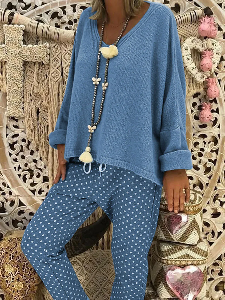 Knitted Loose Top Polka Dot Trousers Women's Set