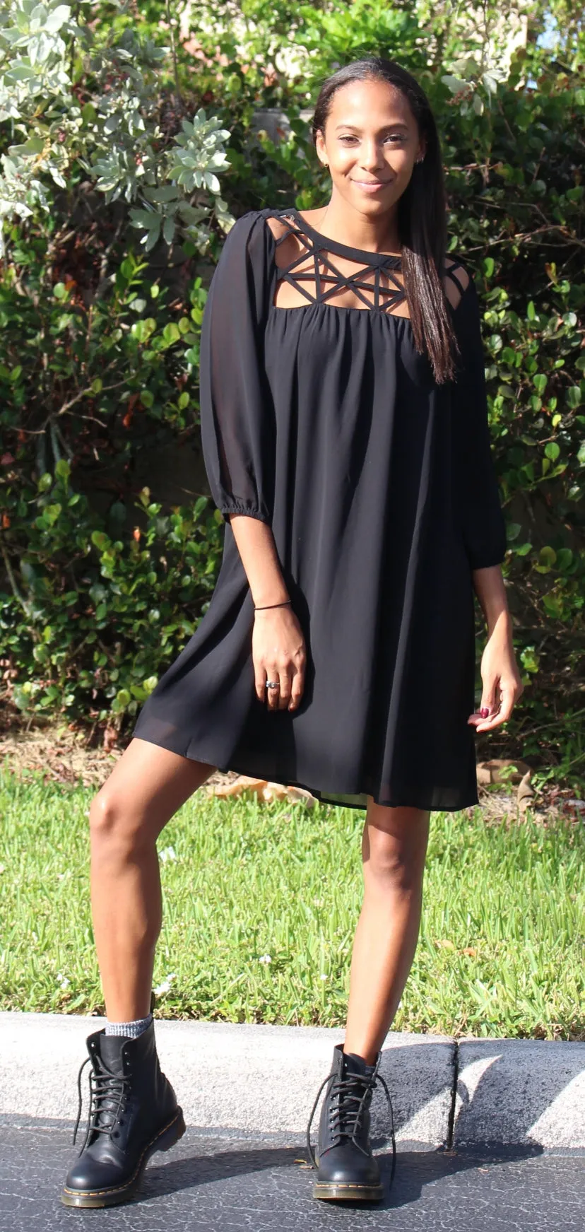 Lattice Baby Doll Dress, Black
