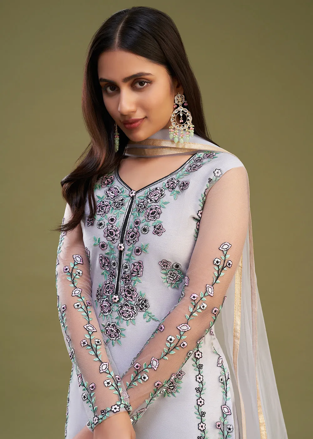 Lavender Multi Thread Embroidered Net Salwar Suit