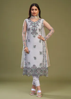 Lavender Multi Thread Embroidered Net Salwar Suit