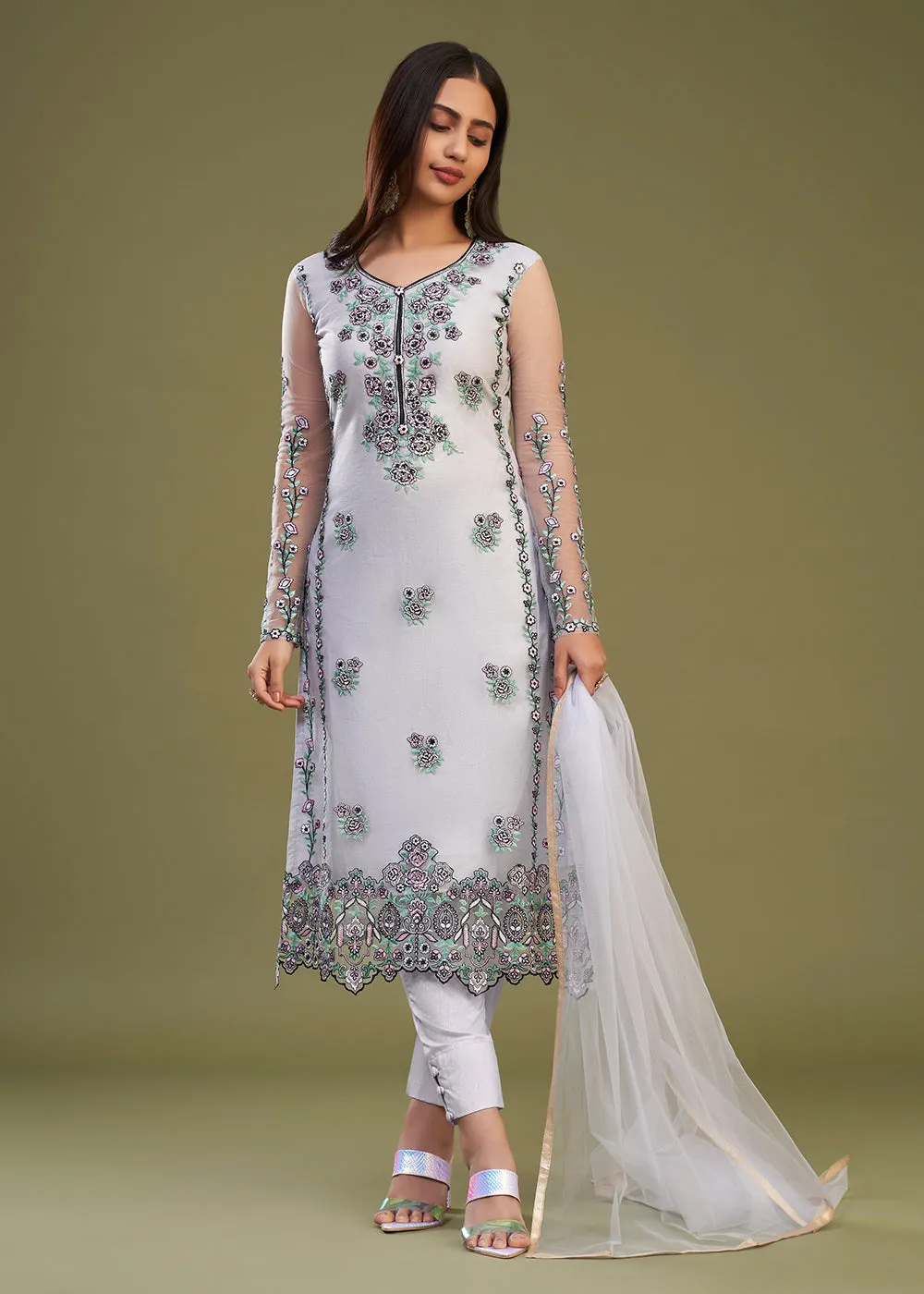 Lavender Multi Thread Embroidered Net Salwar Suit