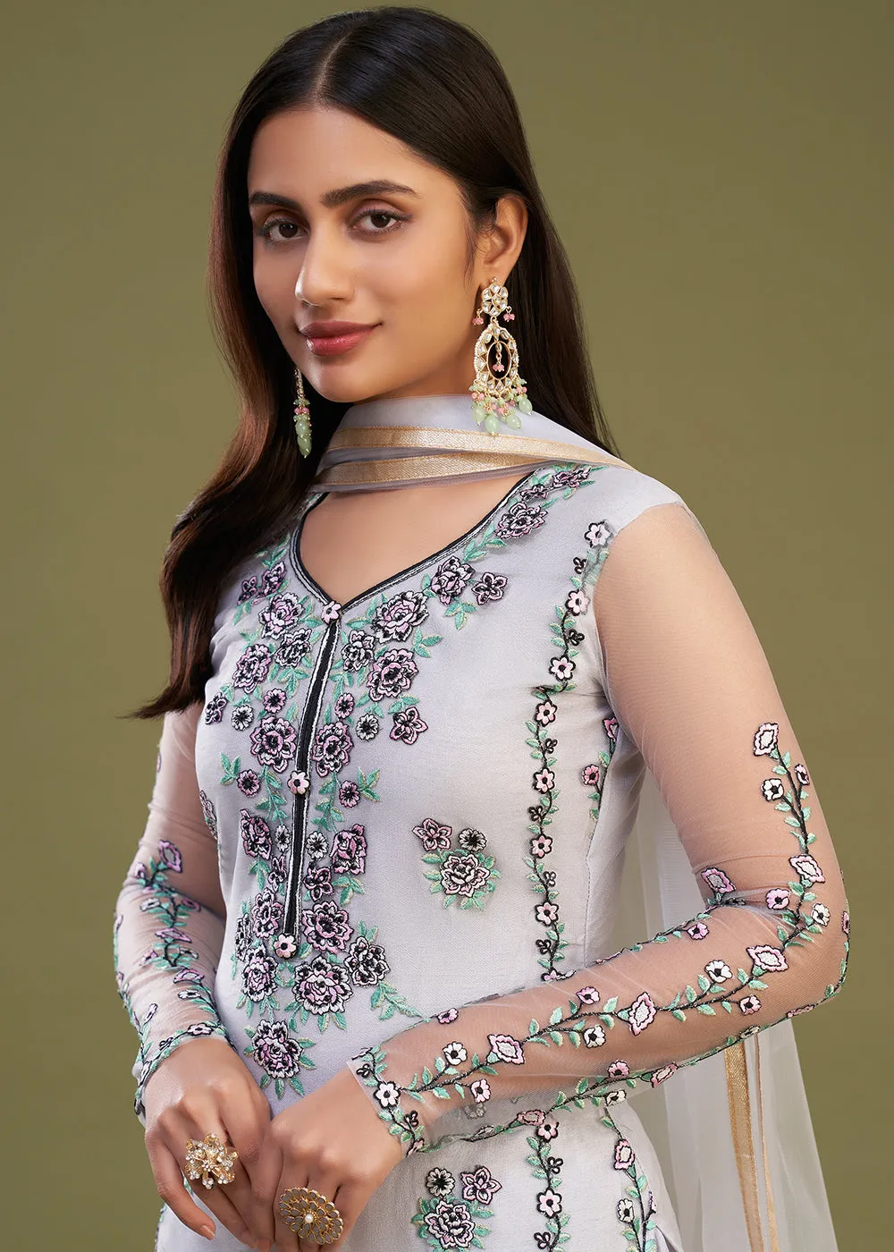 Lavender Multi Thread Embroidered Net Salwar Suit