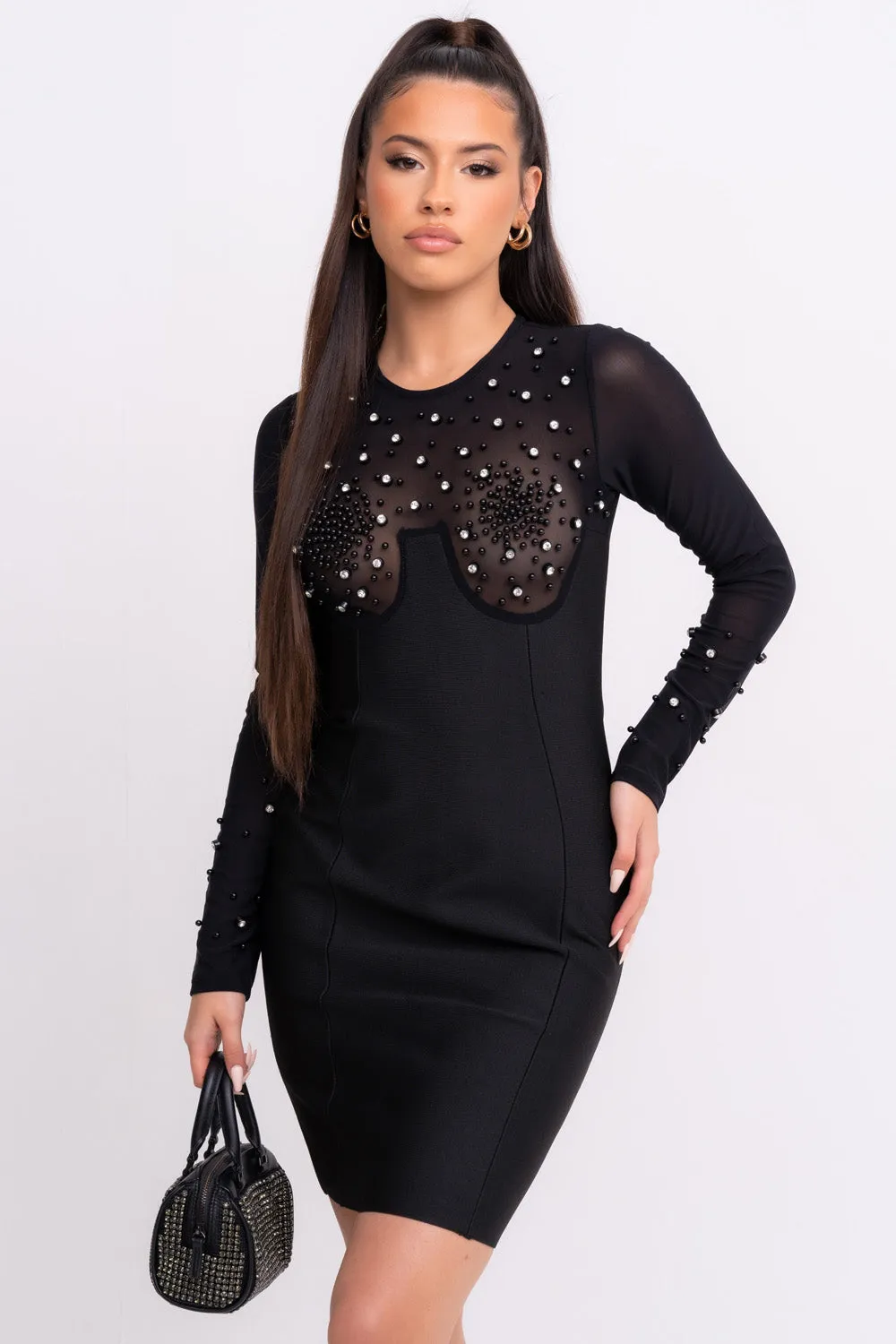 Liberty Black Sheer Neckline Diamante Bandage Long-sleeve Bodycon Dress