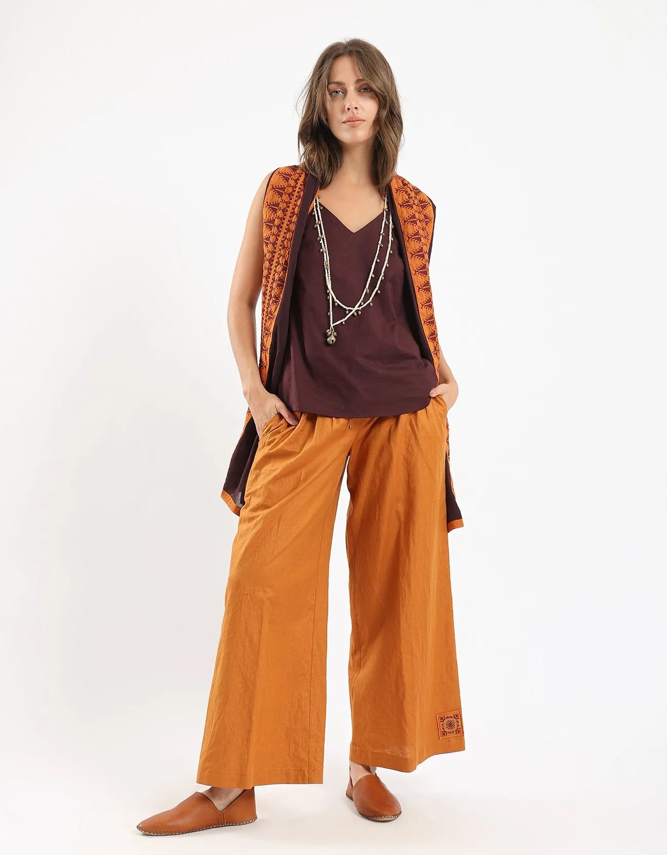 Linen wide leg pants with front piping