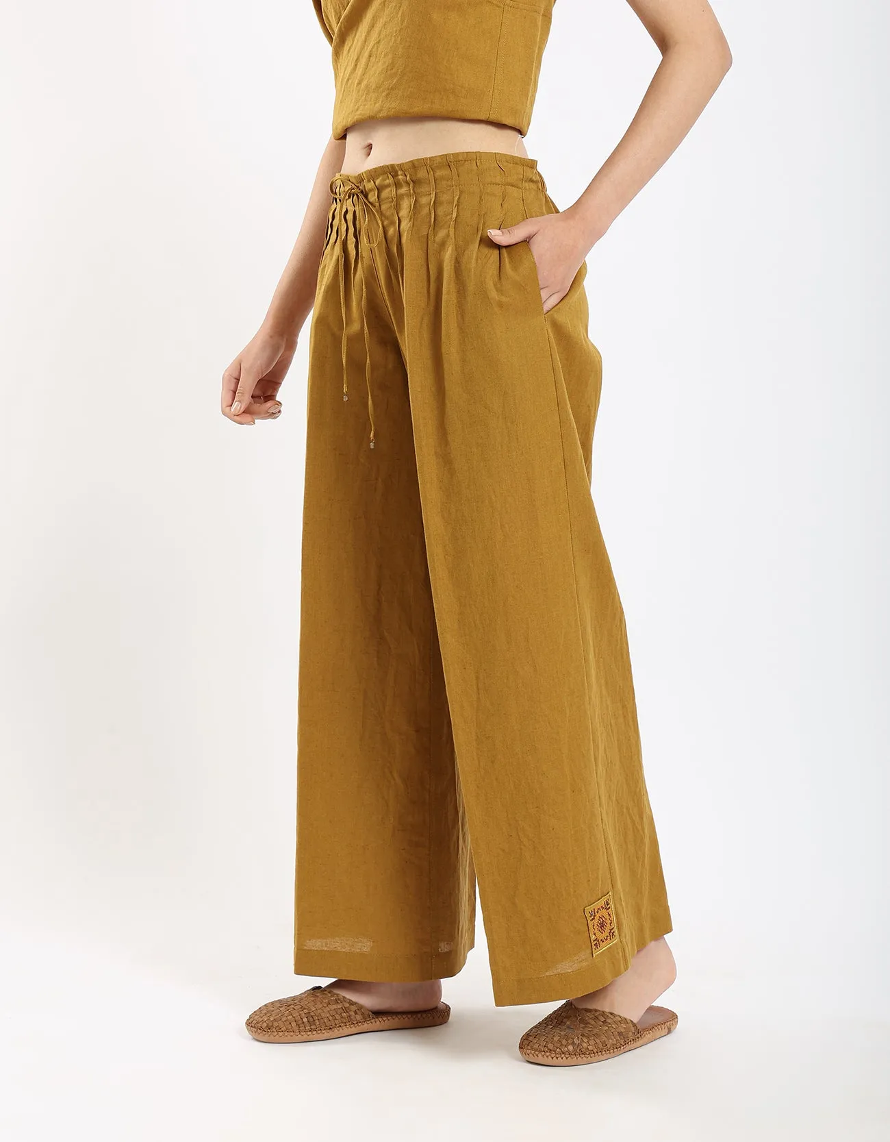 Linen wide leg pants with front piping