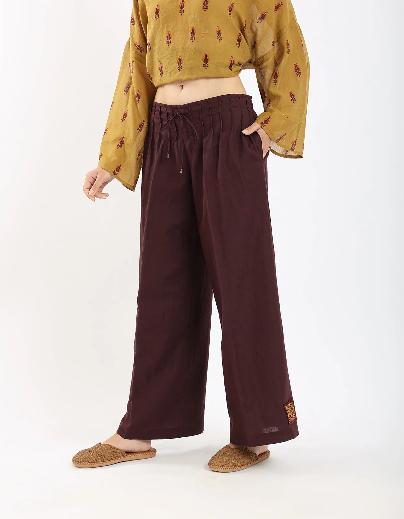 Linen wide leg pants with front piping