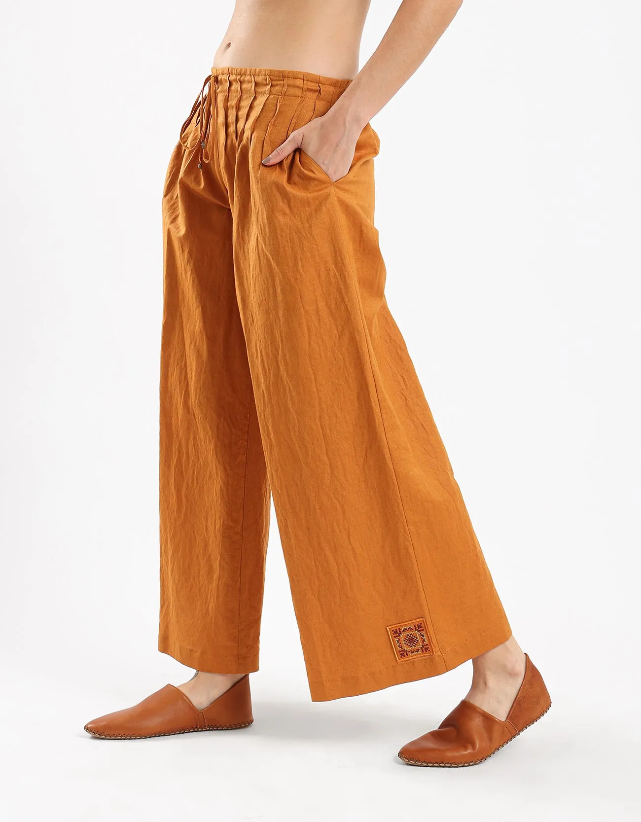 Linen wide leg pants with front piping