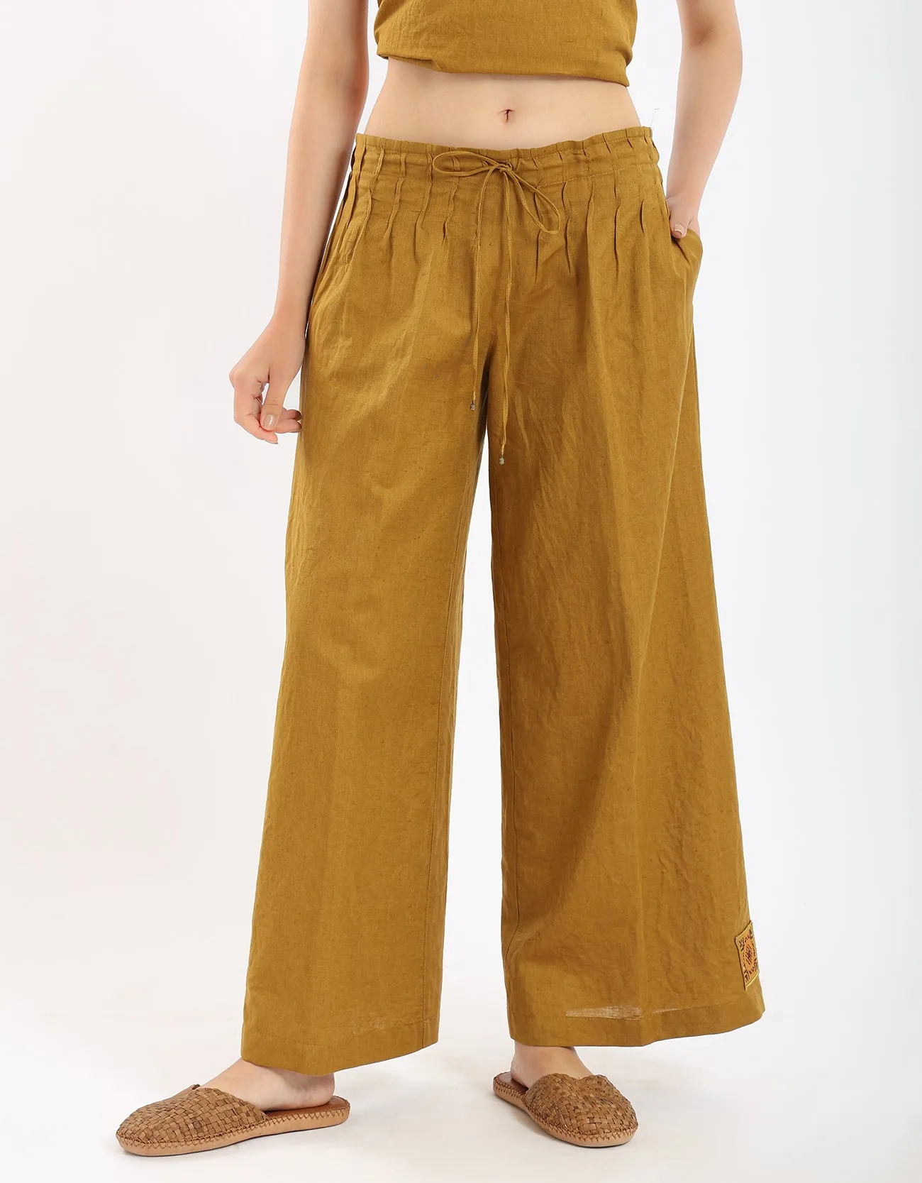 Linen wide leg pants with front piping