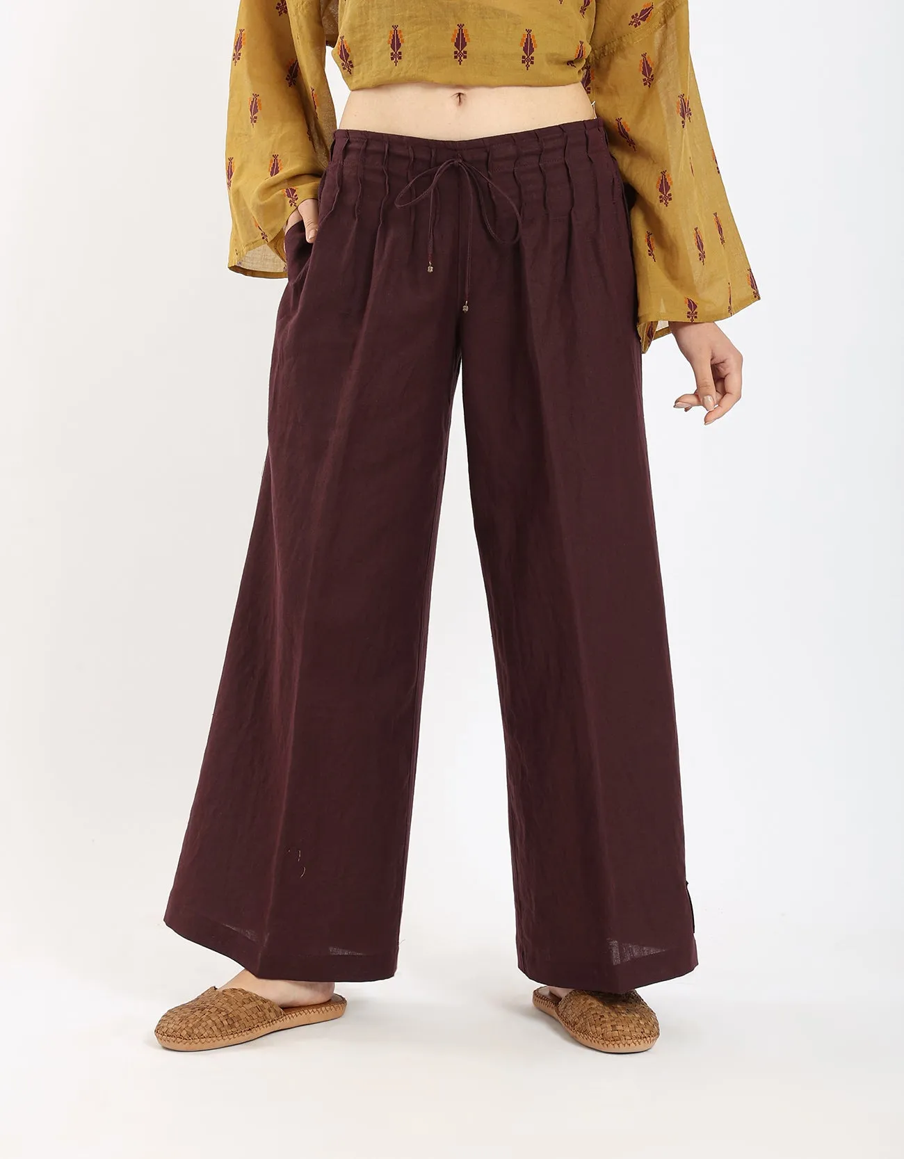 Linen wide leg pants with front piping