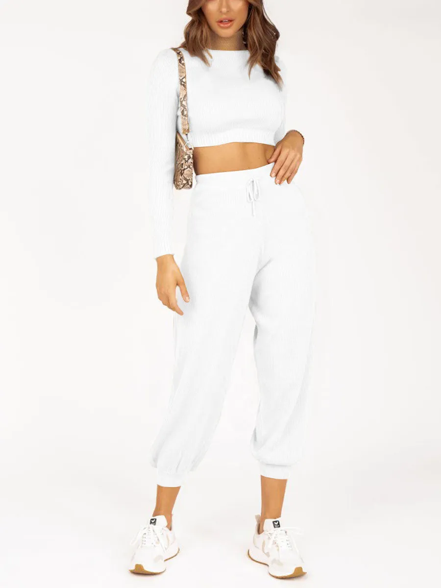 Long Sleeve Cropped Top and Loose Trousers Suit