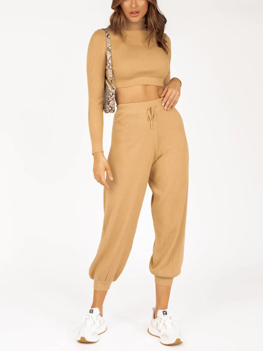 Long Sleeve Cropped Top and Loose Trousers Suit