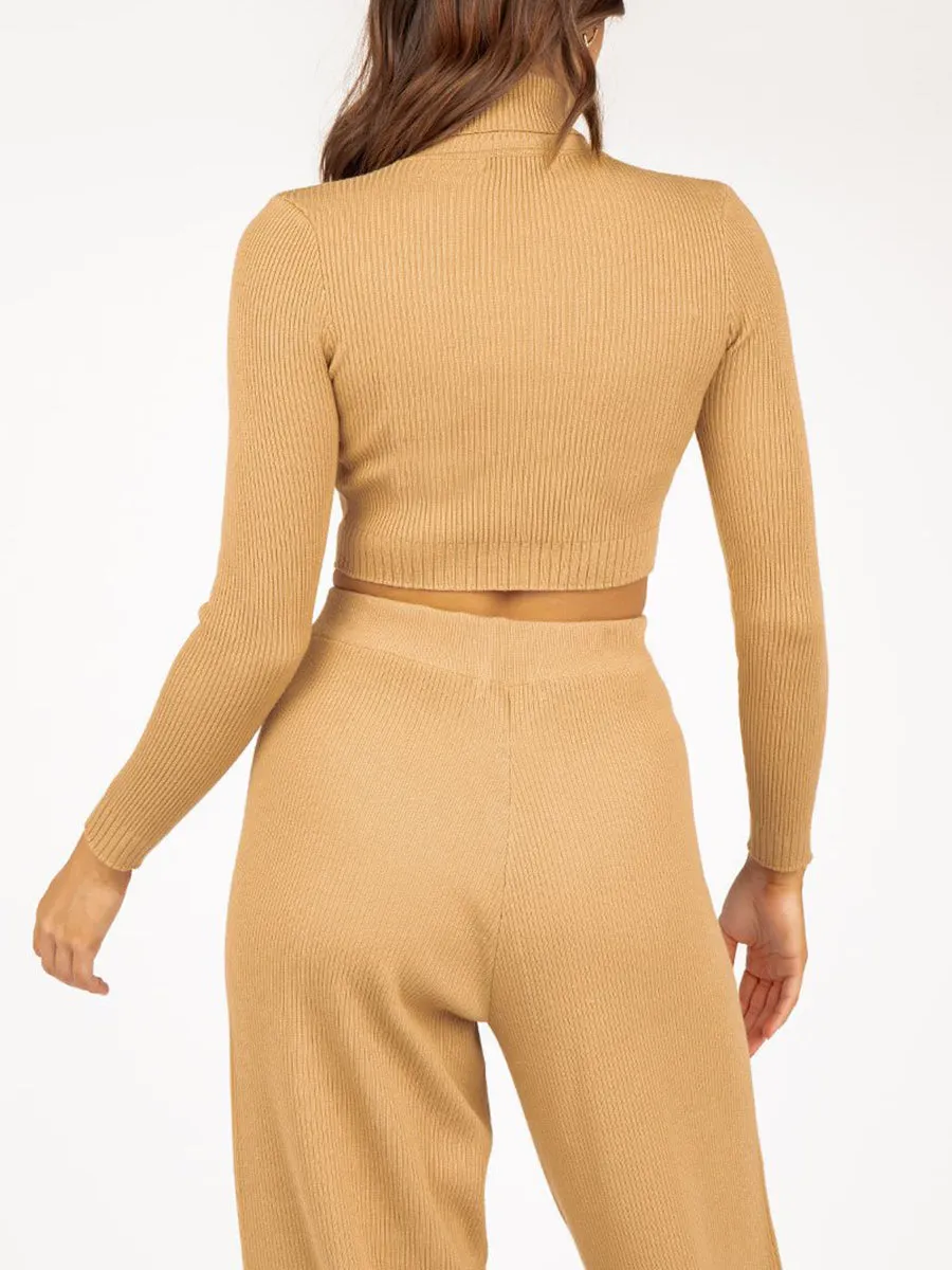 Long Sleeve Cropped Top and Loose Trousers Suit