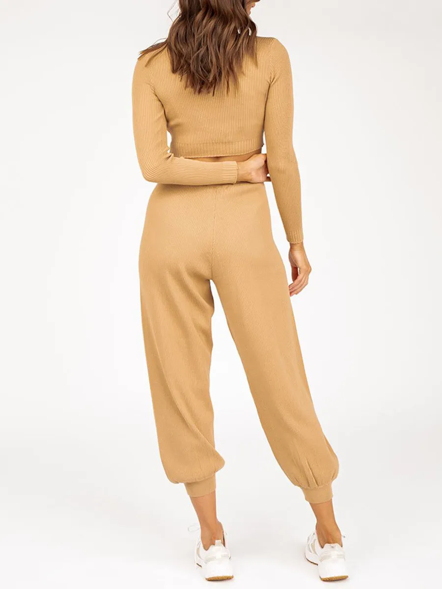 Long Sleeve Cropped Top and Loose Trousers Suit