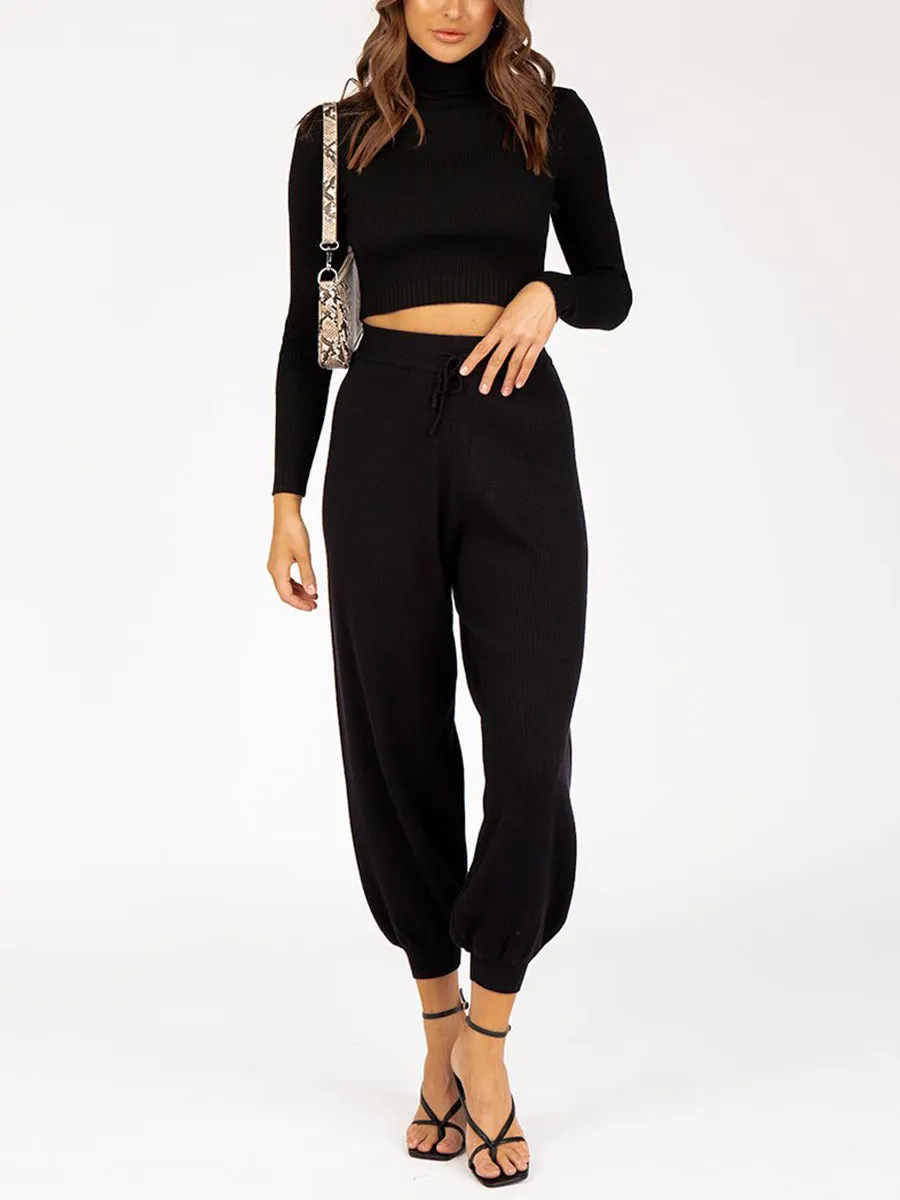 Long Sleeve Cropped Top and Loose Trousers Suit