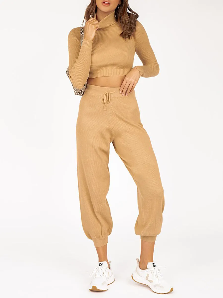 Long Sleeve Cropped Top and Loose Trousers Suit