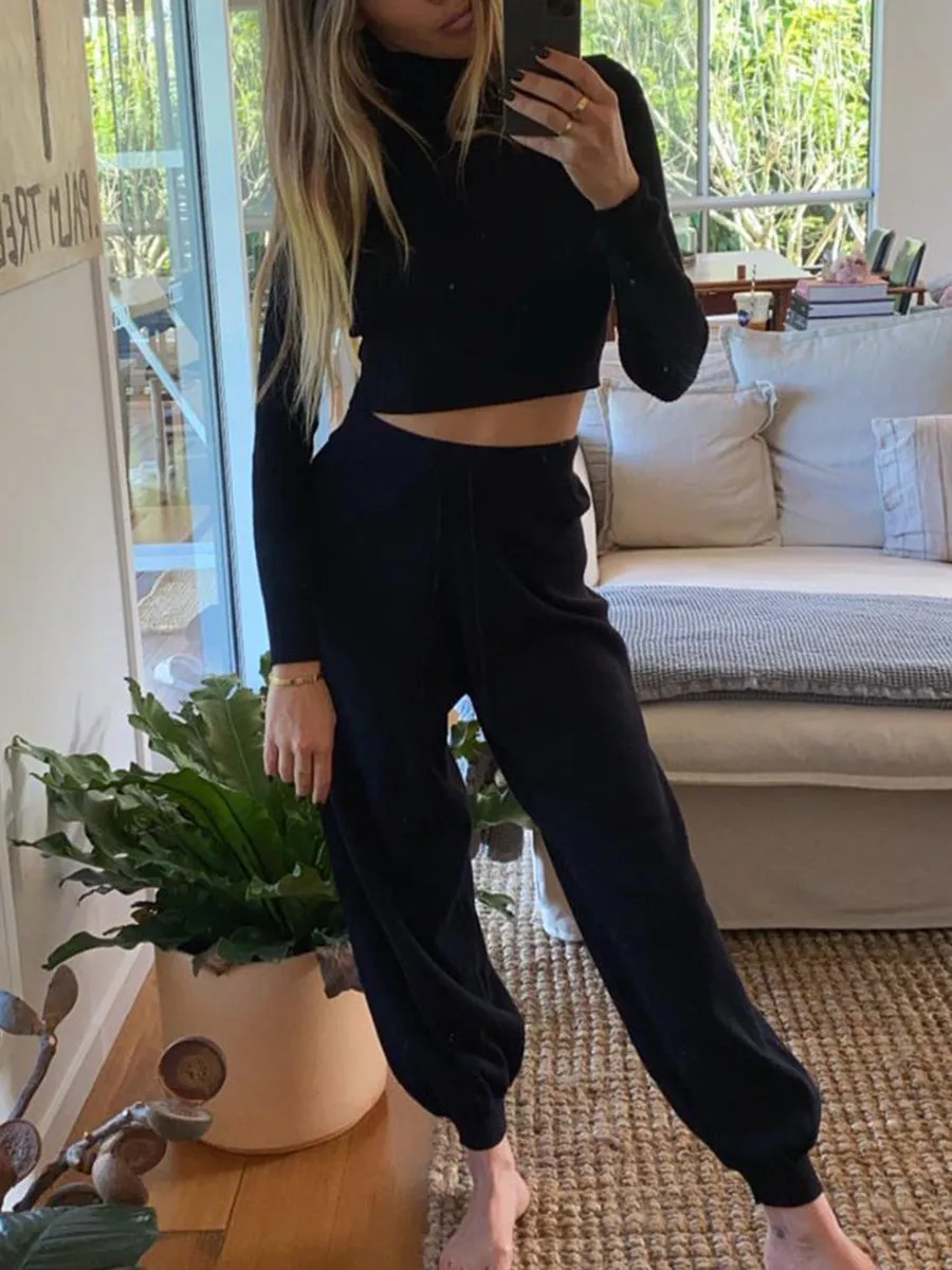 Long Sleeve Cropped Top and Loose Trousers Suit