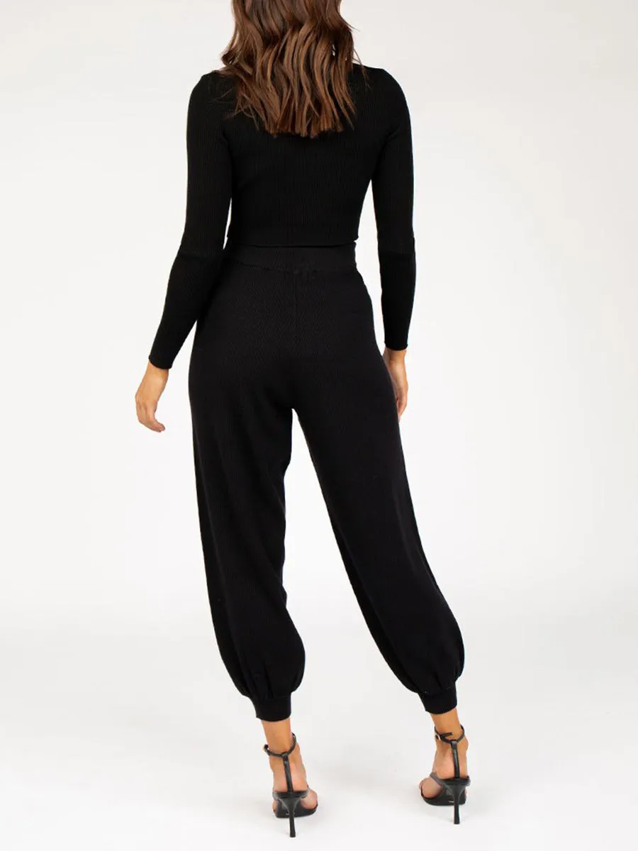 Long Sleeve Cropped Top and Loose Trousers Suit