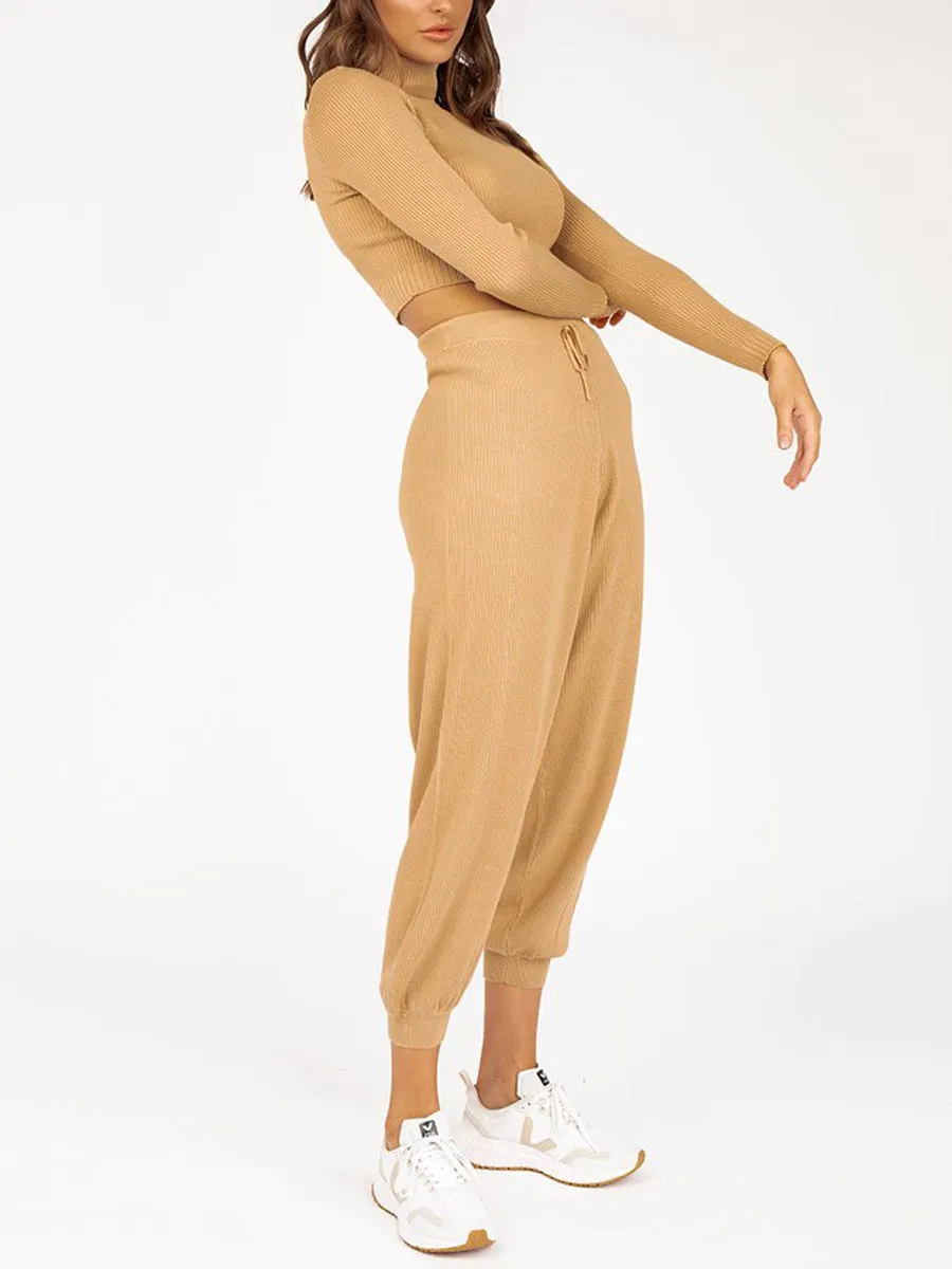 Long Sleeve Cropped Top and Loose Trousers Suit