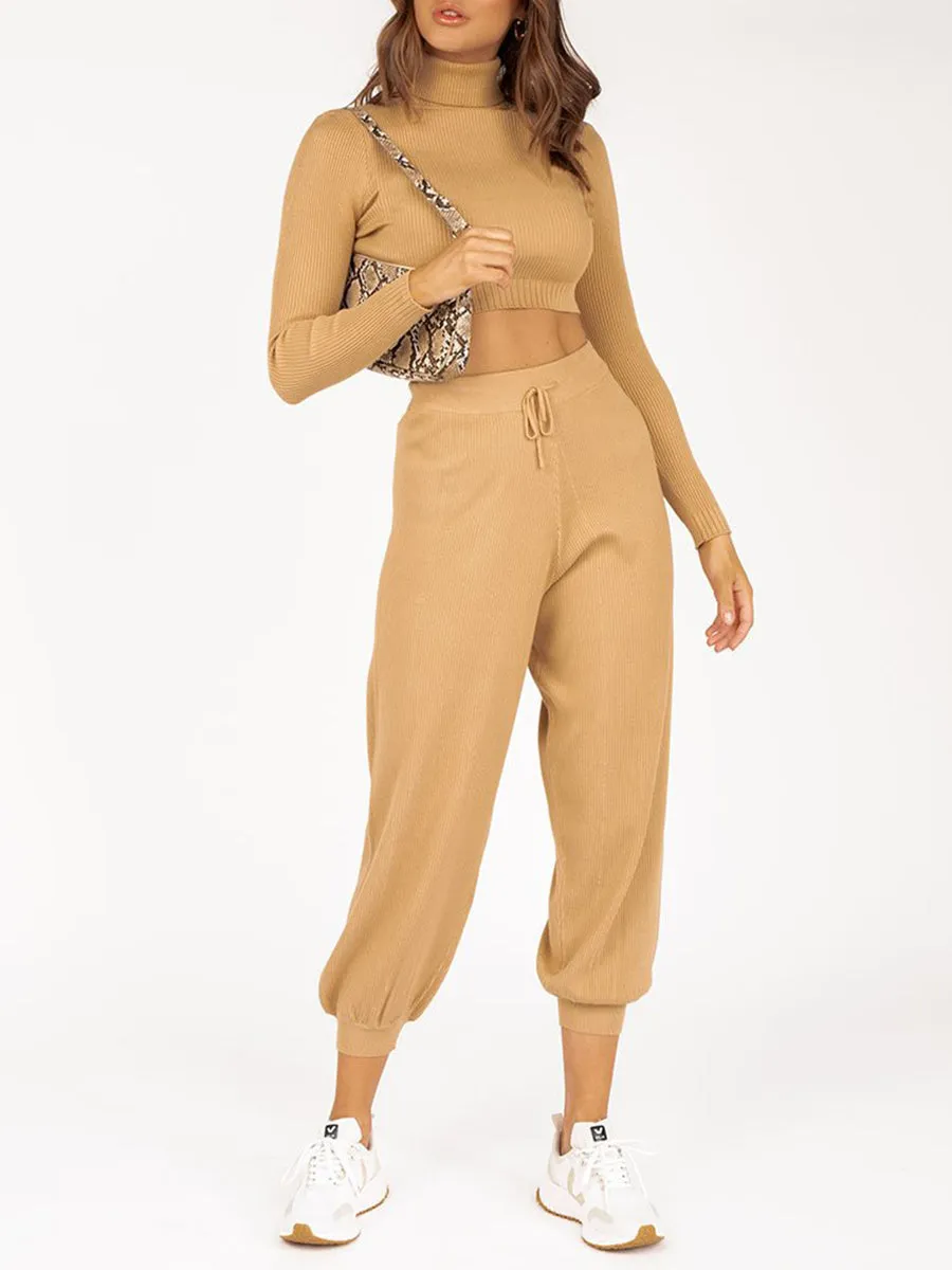 Long Sleeve Cropped Top and Loose Trousers Suit