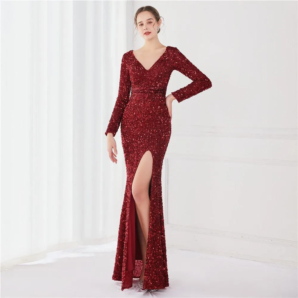 Long Sleeve Sequined Gas Field Queen Fishtail Evening Dress