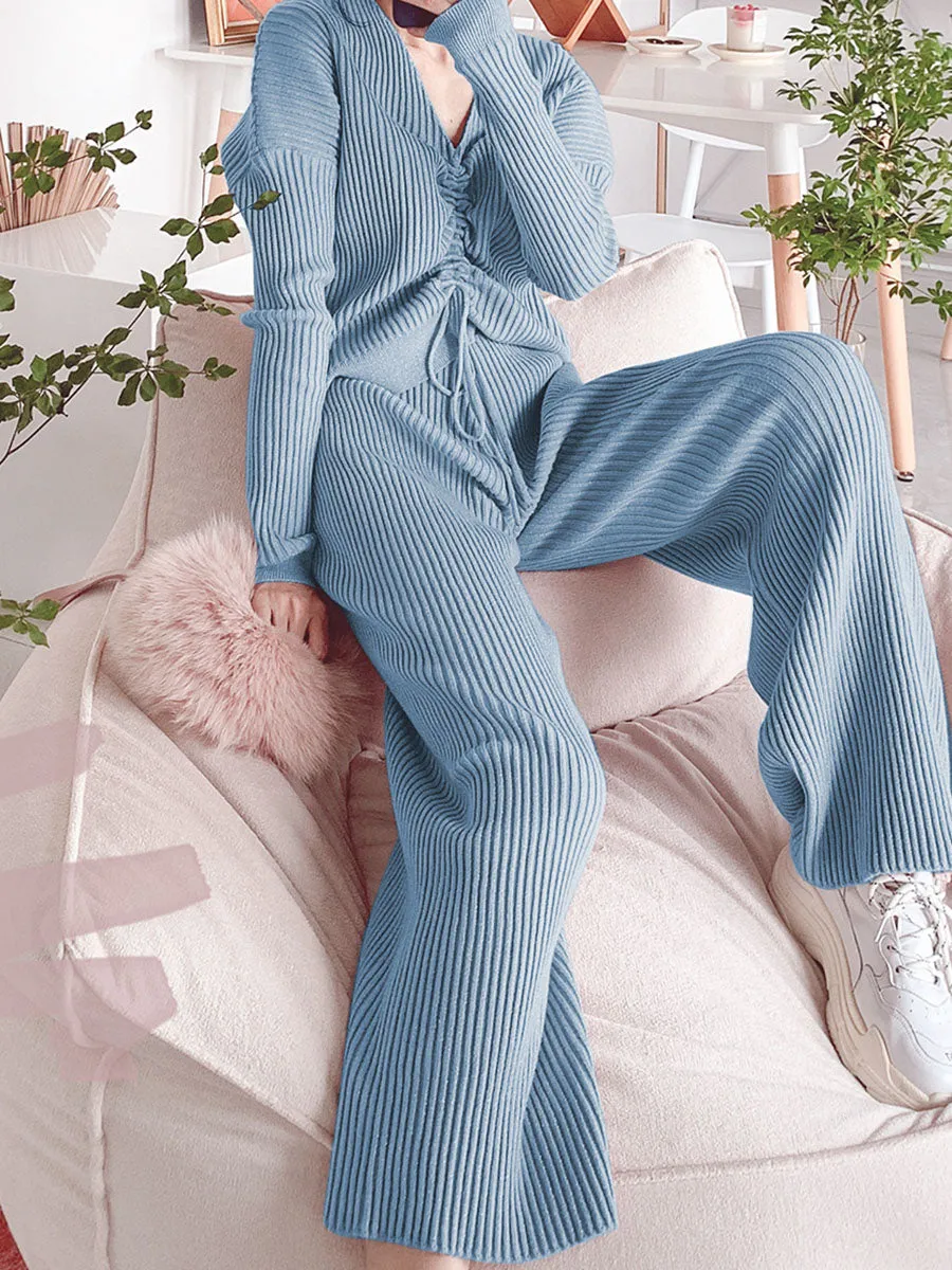 Loose Casual V-Neck Long Sleeve Top Pants Knitted Suit