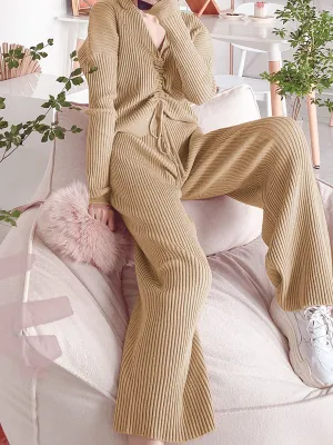 Loose Casual V-Neck Long Sleeve Top Pants Knitted Suit