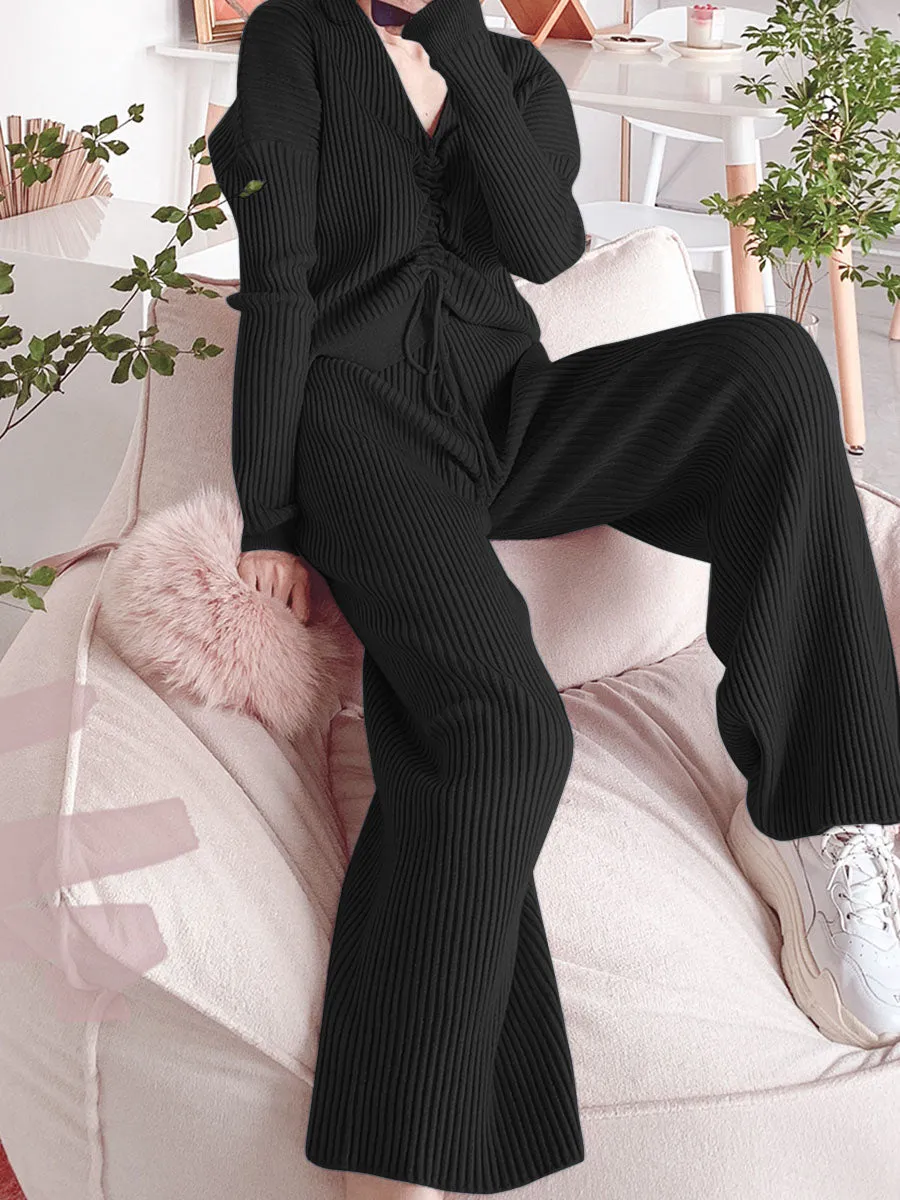 Loose Casual V-Neck Long Sleeve Top Pants Knitted Suit